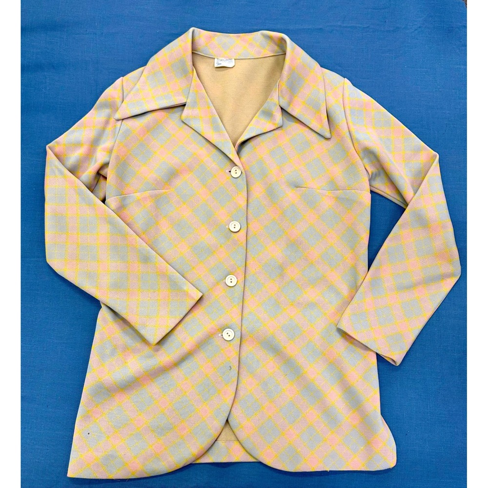 Vintage Sears Roebuck Pink Yellow Plaid Button Front Knit Jacket Blazer 70s USA